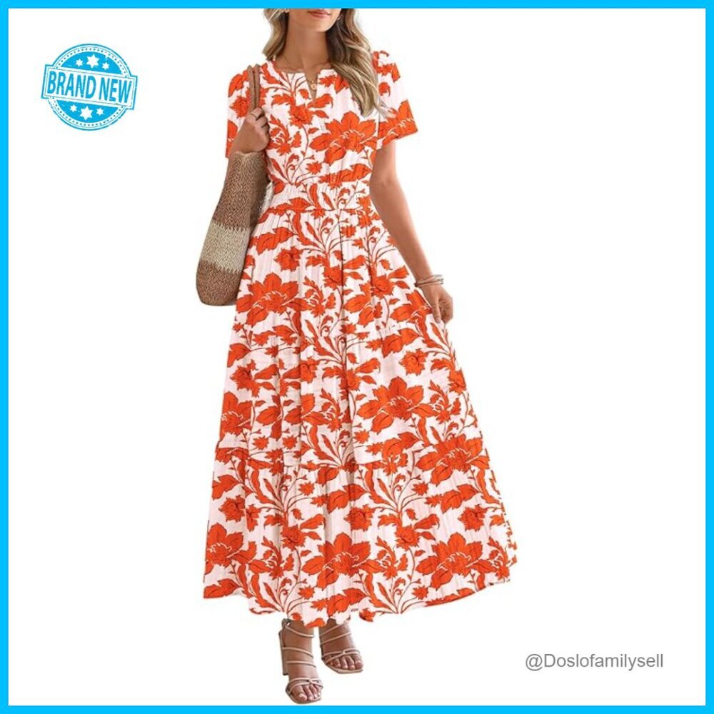 Floral V-Neck Maxi Dress Boho Casual Flowy Summer Wedding Guest Dress